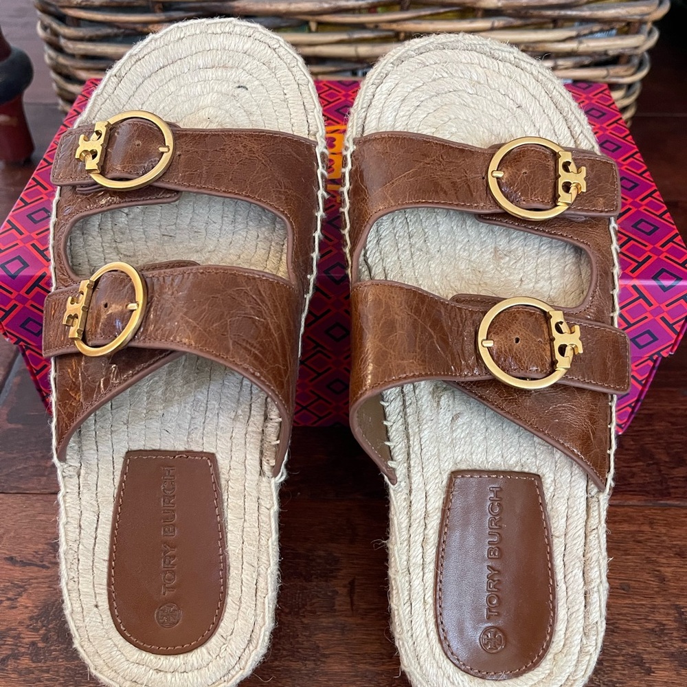 Tory Burch Brown Shelby Espadrille Double-Strap Sandals with Gold Buckles
